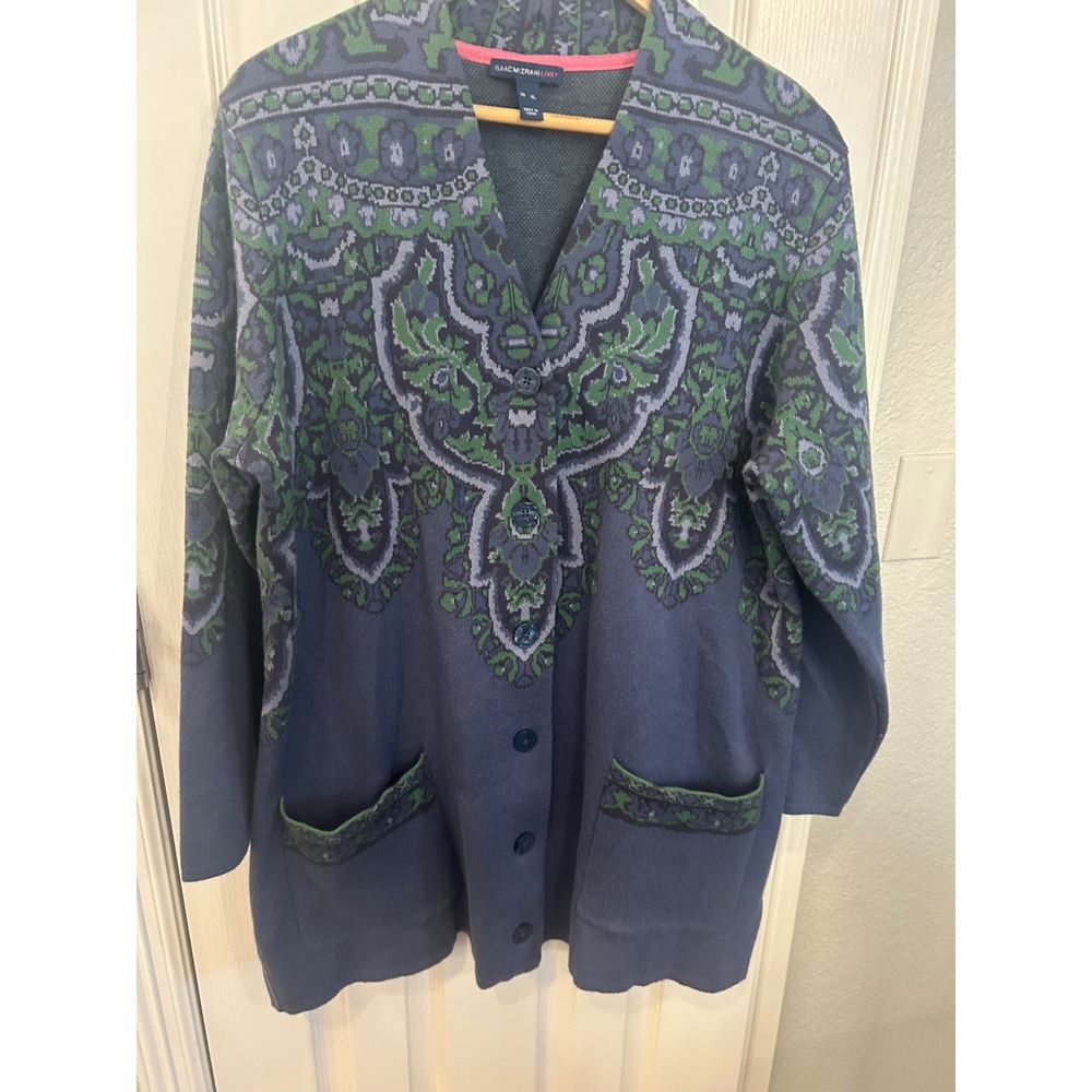 Isaac Mizrahi Live Cardigan Blue Green‎ Damask Floral Button Front Knit Sweater